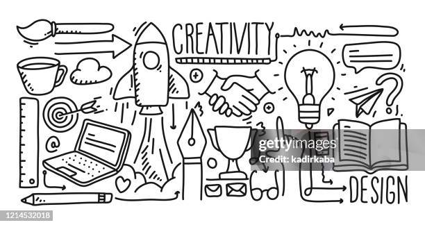 idea hand drawn, doodle and vector illustration icons set - creative occupation stock illustrations