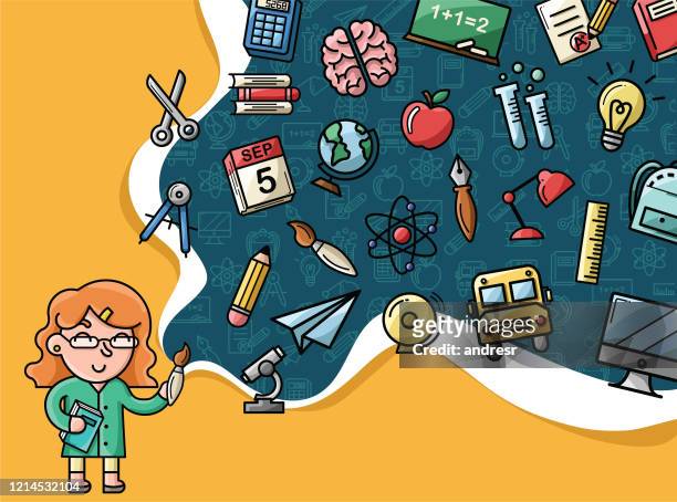 cheerful teacher painting the school universe with different educational set of icons - high school maths stock illustrations