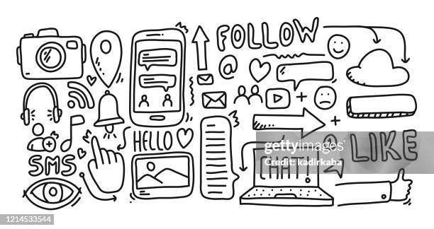 ilustrações de stock, clip art, desenhos animados e ícones de social media hand drawn, doodle and vector illustration icons set - bluetooth