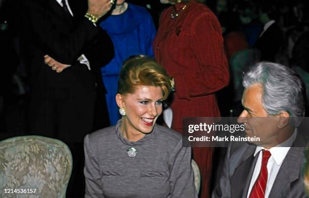 Georgette Mosbacher talking to Yuri Vladimirovich Dubinin the Ambassador of the Soviet Union to the United States at a reception in Washington DC....