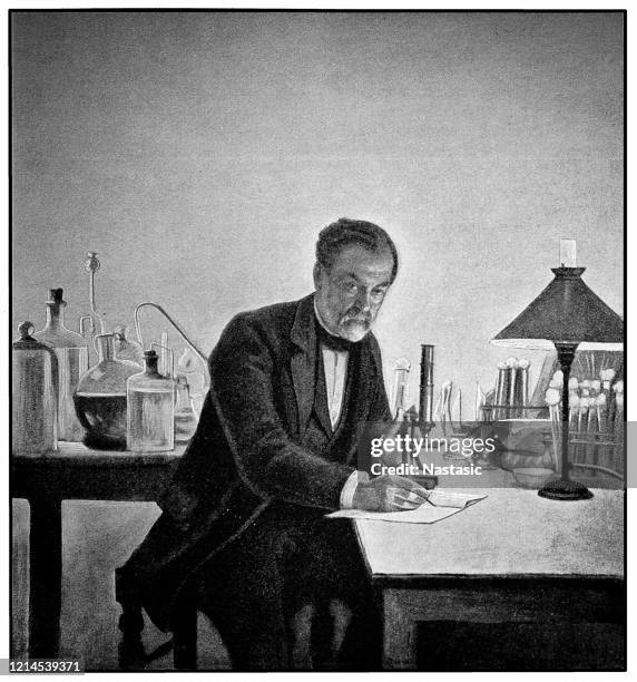 stockillustraties, clipart, cartoons en iconen met louis pasteur in zijn lab - driekwartlengte