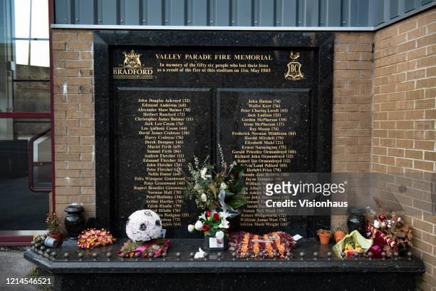The Valley Parade Fire Memorial in memory of the fifty six people who lost their lives as a result of the fire at this stadium on 11th May, 1985 at...