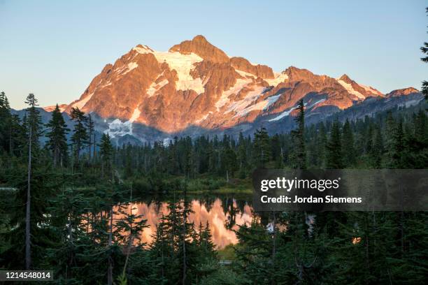 a reflection of mt. baker at dawn across a mountain lake. - whatcom county bildbanksfoton och bilder