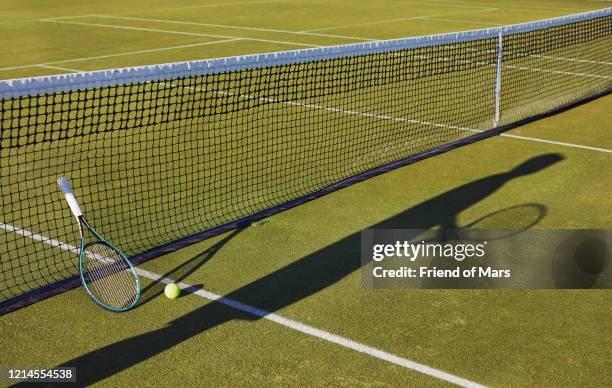 long shadow of person with tennis racket still life on grass lawn tennis court - tennisnetz stock-fotos und bilder