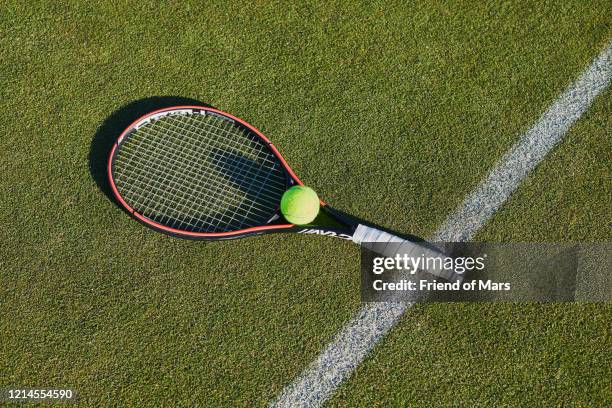 tennis racket and ball still life with long shadow on grass lawn tennis court - racchetta da tennis foto e immagini stock