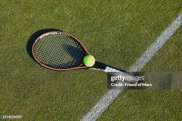 tennis racket and ball still life with long shadow on grass lawn tennis court - ラケット ストックフォトと画像