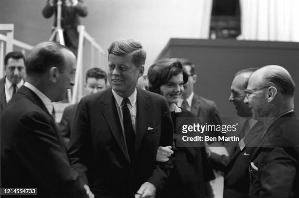 John F Kennedy and wife Jacqueline Kennedy arrive for split-screen telecast of the Presidential debate with Nixon and panelists in ABC studio in Los...