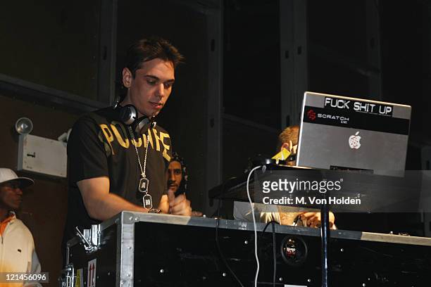 During DJ AM and Travis Barker perform at Crobar for a packed audience. At Crobar in Manhattan, New York, United States.