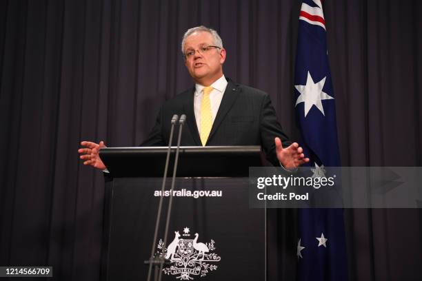 Australian Prime Minister Scott Morrison addresses the media and the nation during a press conference at Parliament House on March 24, 2020 in...