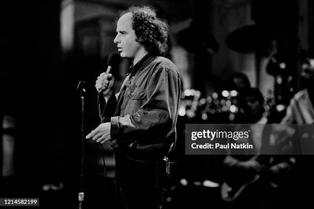 American comedian Steven Wright performs onstage at the Chicago Theater, during a taping of the David Letterman Show, Chicago, Illinois, May 5, 1981.