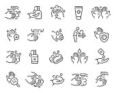 Washing Hands and Hygiene icons set. Editable vector stroke