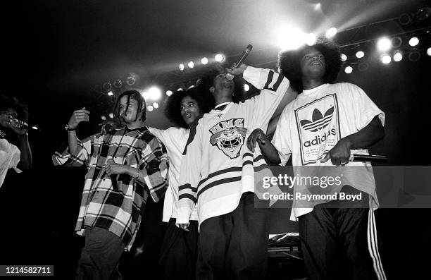 Rappers Flesh-N-Bone, Bizzy Bone, Layzie Bone, Krayzie Bone and Wish Bone of Bone Thugs-N-Harmony performs at the International Amphitheatre in...