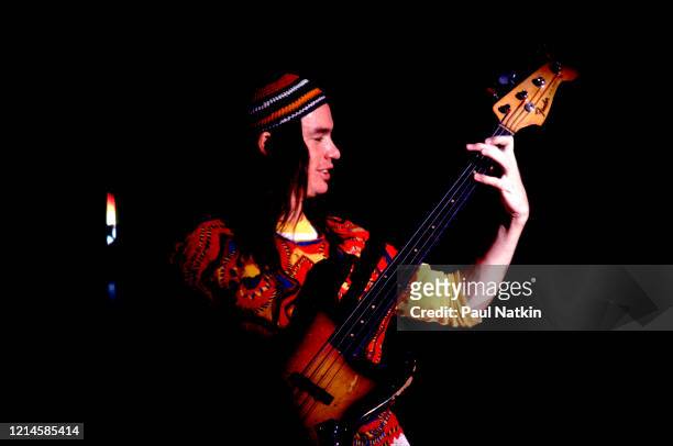 American Jazz musician Jaco Pastorius , of the group Weather Report, plays bass as he performs onstage at the Auditorium Theater, Chicago, Illinois,...