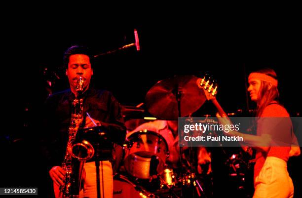 American Jazz musicians Wayne Shorter, on saxophone, and Jaco Pastorius , on bass, both of the group Weather Report, as they perform onstage at the...