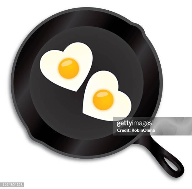stockillustraties, clipart, cartoons en iconen met hart vormige gebakken eieren in ijzer koekenpan - handle