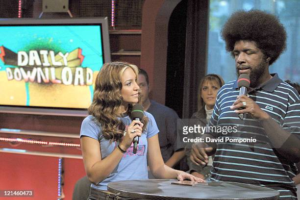 Fuse VJ Marianela with ?uestlove of The Roots during ?uestlove of The Roots Visits Fuse's "Daily Download" - August 10, 2004 at Fuse Studios in New...