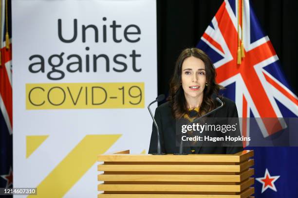 Prime Minister Jacinda Ardern speaks to media at a press conference ahead of a nationwide lockdown at Parliament on March 25, 2020 in Wellington, New...