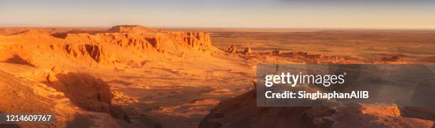 panoramic of man standing alone at the bayanzag flaming cliffs, gobi dessert, mongolia - binnen mongolië stockfoto's en -beelden