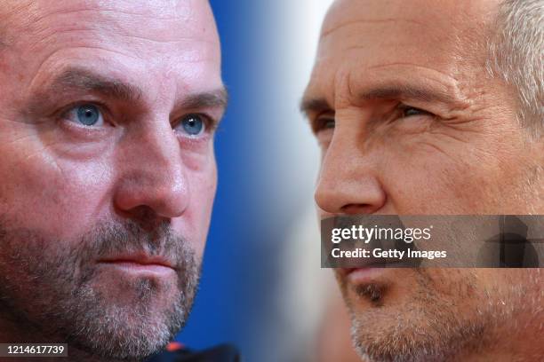 In this composite image a comparison has been made between Hans-Dieter Flick, head coach of Bayern Muenchen and Adi Huetter, head coach of Eintracht...