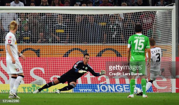 Filip Daems of Moenchengladbach scores his teams second goal from the penalty spot during the Bundesliga match between Borussia Moenchengladbach and...
