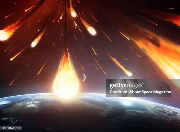 Illustration of a meteor shower viewed from above the surface of the Earth, with the Sun and Moon visible in the background, created on July 19, 2015.