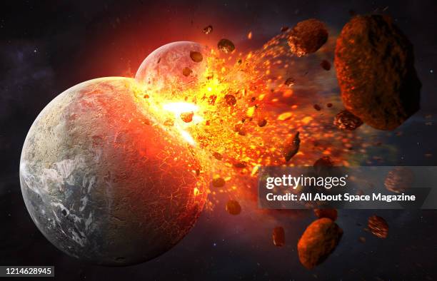 Illustration of the giant impact hypothesis, with the hypothetical planet Theia colliding with Earth 4.5 billion years ago, created on July 19, 2015....