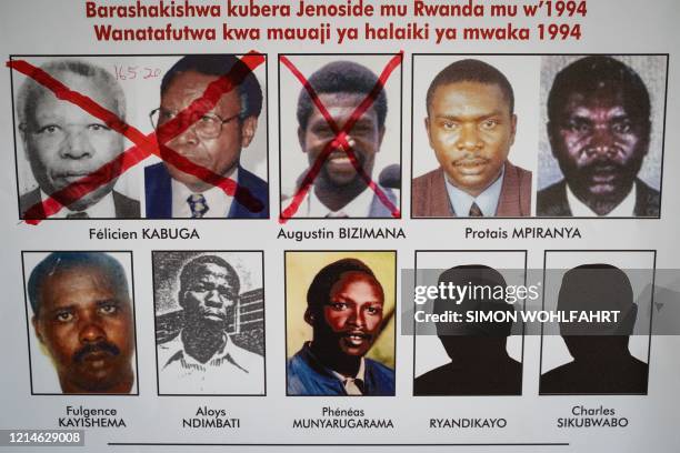 Red cross is seen drawn on the face of Augustin Bizimana , one of the most-wanted fugitives from the 1994 Rwandan genocide, next to the red-crossed...