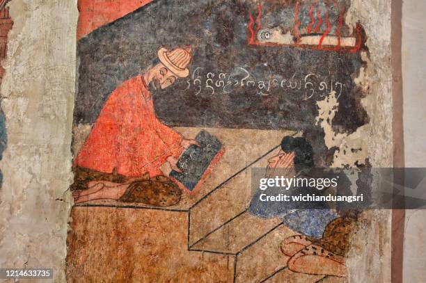 ancient thai mural painting , wat phumin, nan province of thailand - buddha painting stock pictures, royalty-free photos & images