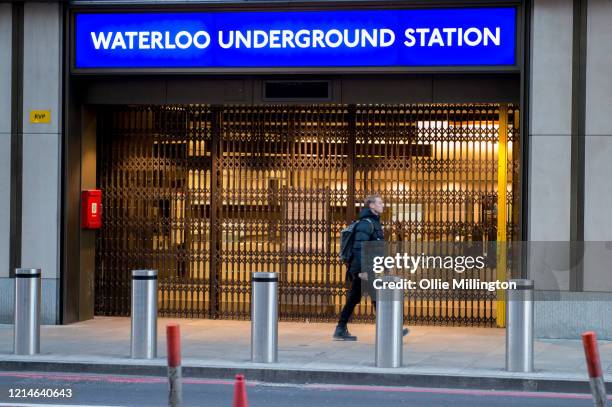 Closed Waterloo Underground Station entrance almost during rush hour on March 24, 2020 in London. British Prime Minister, Boris Johnson, announced...