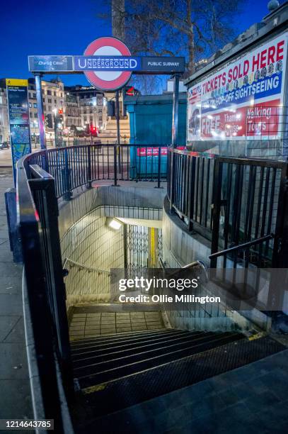 Closed Charring Cross Underground Station entrance on March 24, 2020 in London. British Prime Minister, Boris Johnson, announced strict lockdown...
