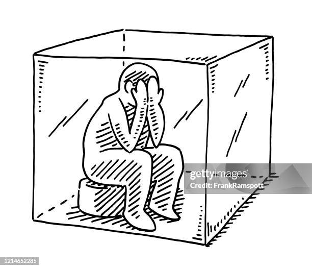 human figure sitting in a box isolation concept drawing - head in hands vector stock illustrations