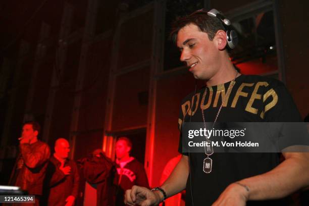 During DJ AM and Travis Barker perform at Crobar for a packed audience. At Crobar in Manhattan, New York, United States.