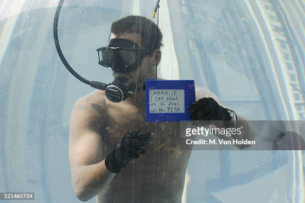 David Blaine during David Blaine Underwater in a Glass Bubble: Day Five at Lincoln Center in Manhattan, New York, United States.