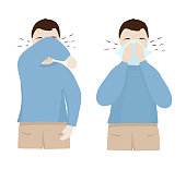 Man coughs at the elbow and napkin. Coronavirus disease prevention measures. How to sneeze and cough so as not to infect others. Vector illustration.
