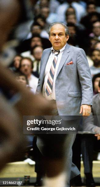 Head coach Rollie Massimino of the Villanova Wildcats looks on from the sideline during a Big East college basketball game against the University of...