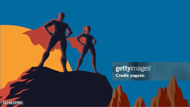 stockillustraties, clipart, cartoons en iconen met vector retro superhero paar stock illustratie - superheld
