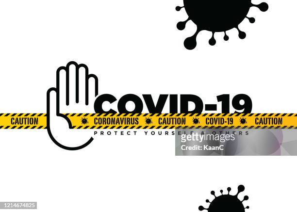 warning in a yellow sign about coronavirus or covid-19 vector illustration - crossed out stock illustrations