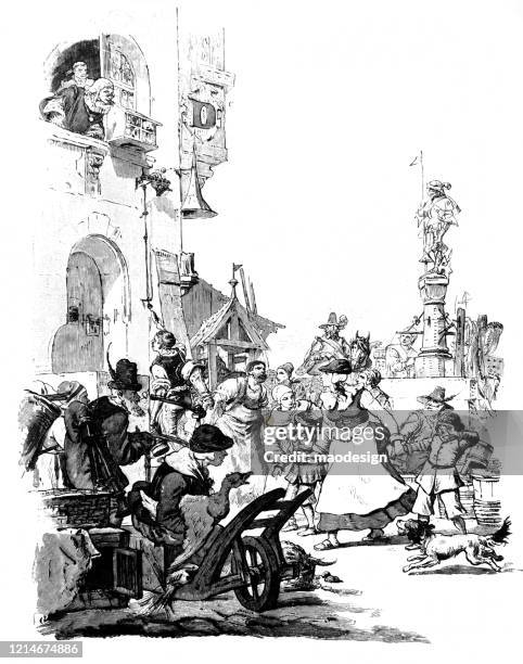 szene aus einer mittelalterlichen stadt - mittelaltermarkt stock-grafiken, -clipart, -cartoons und -symbole