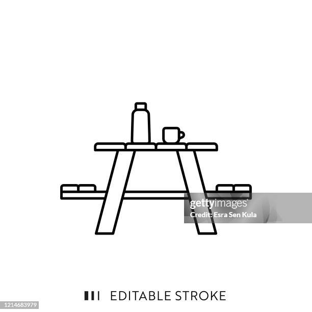 picnic table line icon with editable stroke and pixel perfect. - camping kids stock illustrations