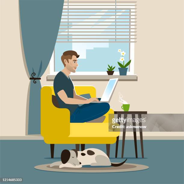 home office - man laptop dog stock illustrations