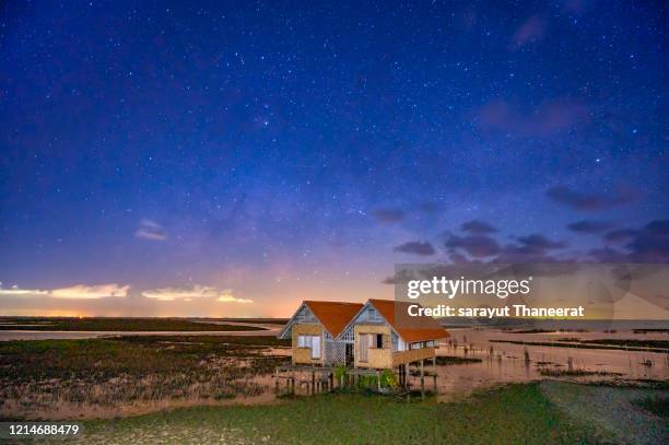 twin house in the middle of the stars and the milky way, located in phatthalung province, in the southern part of thailand. - phatthalung province stock-fotos und bilder