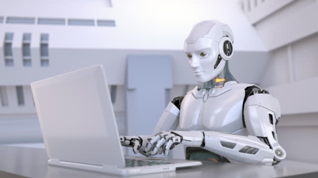 Robot using laptop studying online or working distantly