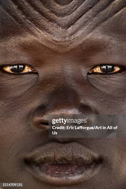 Close-up of a Mundari tribe woman with scarifications on the forehead, Central Equatoria, Terekeka, South Sudan on February 13, 2020 in Terekeka,...