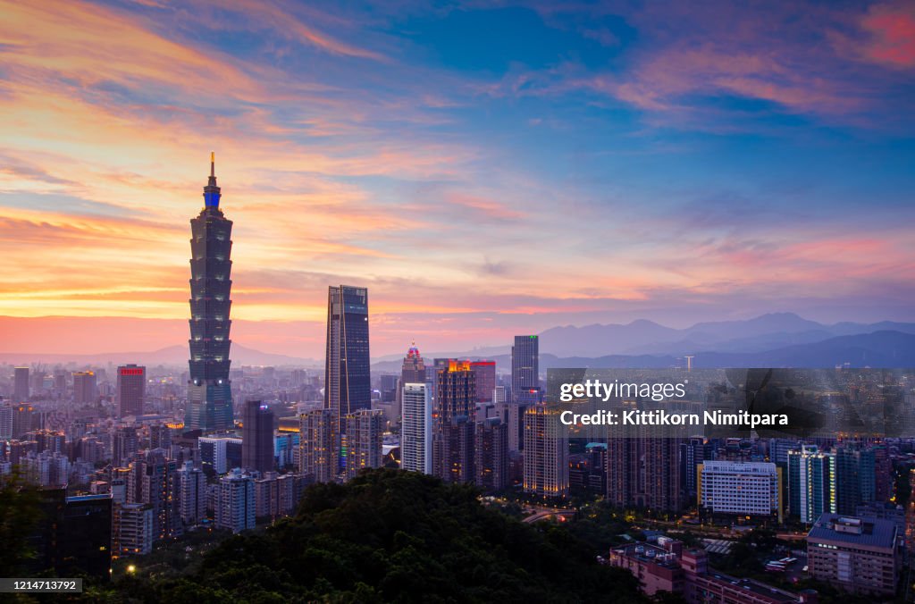 Aerial view of Tai Pei 101 Building at night.