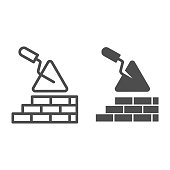 Brickwork and trowel line and solid icon. Spatula tool and building brick wall symbol, outline style pictogram on white background. Construction sign for mobile concept or web design. Vector graphics.
