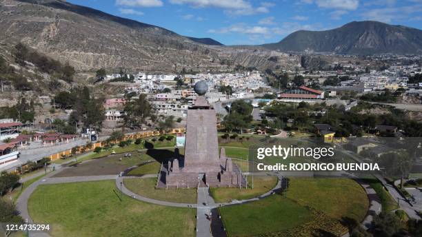 Aerial view of the empty monument of the Ciudad Mitad del Mundo in San Antonio de Pichincha, 40 km north of Quito, Ecuador, on May 22, 2020. The...