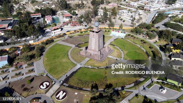 Aerial view of the empty monument of the Ciudad Mitad del Mundo in San Antonio de Pichincha, 40 km north of Quito, Ecuador, on May 22, 2020. The...