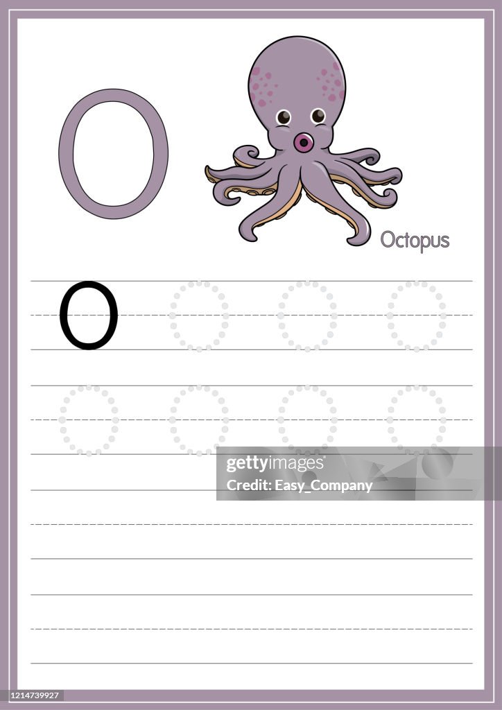 Vector illustration of Octopus with alphabet letter O Uppercase for children learning to trace practice ABC on A4 Paper size ready to print.