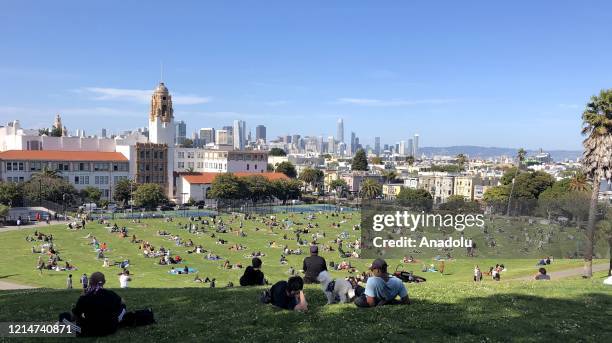 People are seen at the Dolores Park during Covid-19 pandemic in San Francisco, California United States on May 22, 2020.