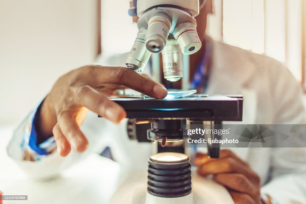 Medical laboratory, scientist hands using microscope for chemistry